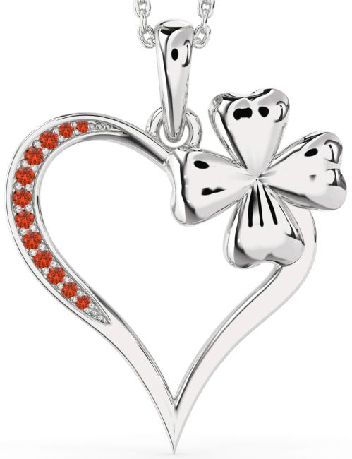 Large Fire Opal Silver Heart Clover Necklace