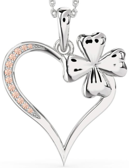 Large Morganite Silver Heart Clover Necklace