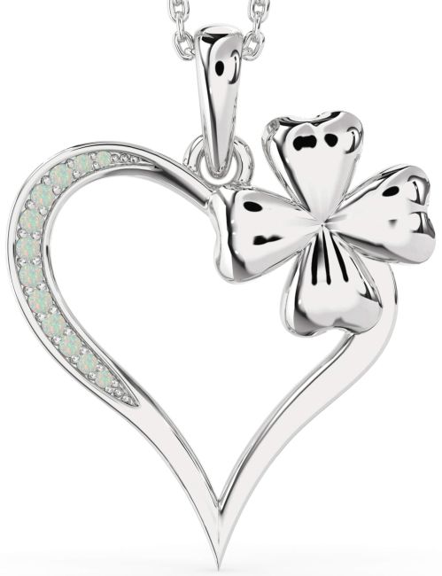 Large Opal Silver Heart Clover Necklace