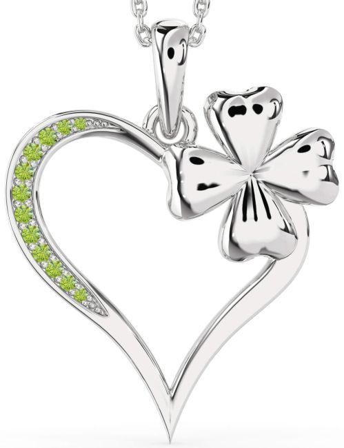 Large Peridot Silver Heart Clover Necklace