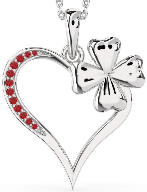 Large Ruby Silver Heart Clover Necklace