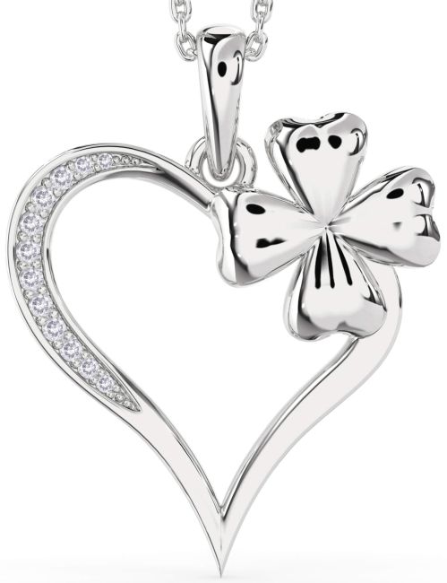 Large Salt & Pepper Diamond Silver Heart Clover Necklace