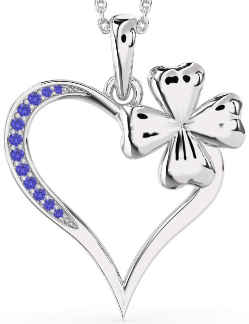 Large Tanzanite Silver Heart Clover Necklace