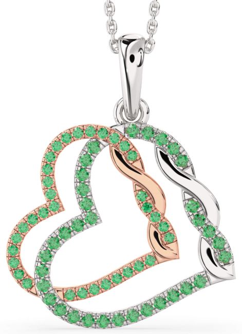 Large Emerald Platinum & Rose Gold Heart Necklace