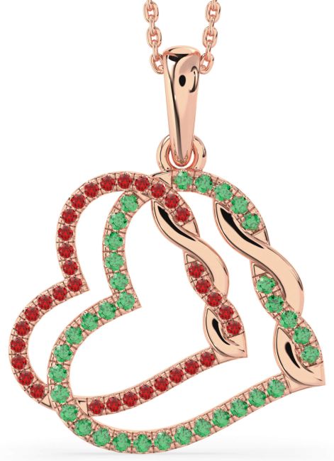 Large Emerald & Ruby Rose Gold Silver Heart Necklace