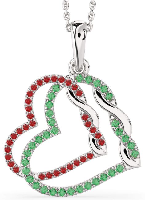 Large Emerald & Ruby Silver Heart Necklace