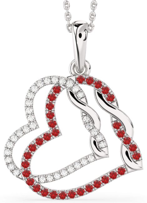 Large Diamond & Ruby Platinum Heart Necklace
