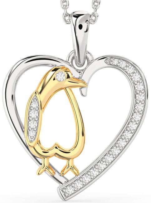 Diamond Gold Silver Heart Penguin Necklace