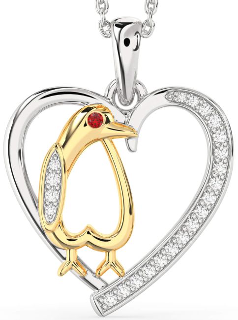 Diamond Ruby Gold Silver Heart Penguin Necklace