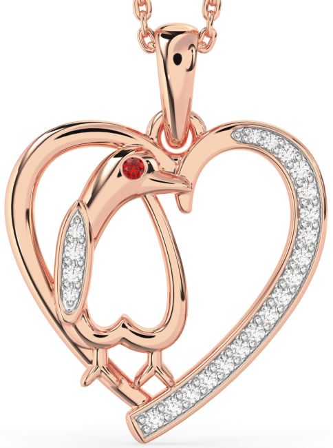 Diamond Ruby Rose Gold Heart Penguin Necklace