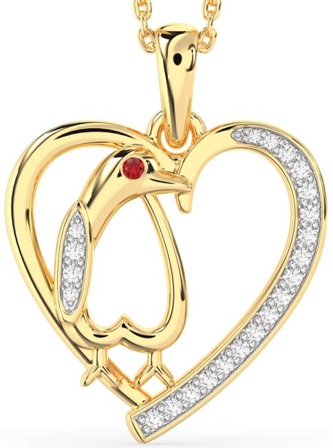 Diamond Ruby Gold Silver Heart Penguin Necklace