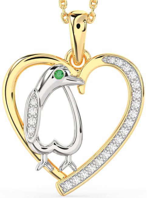 Diamond Emerald Gold Silver Heart Penguin Necklace