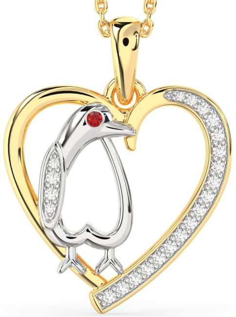 Diamond Ruby Gold Silver Heart Penguin Necklace