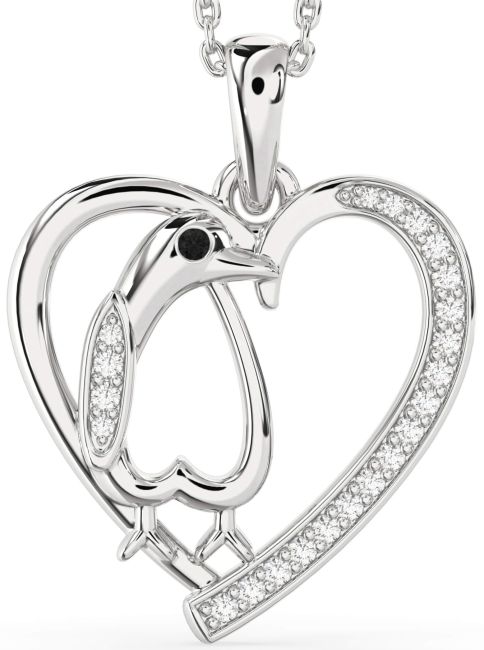 Black Diamond Silver Heart Penguin Necklace