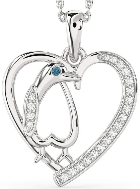 Blue Diamond Silver Heart Penguin Necklace