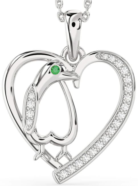 Diamond Emerald Silver Heart Penguin Necklace