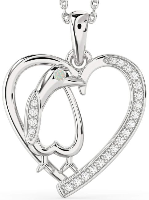 Diamond Opal Silver Heart Penguin Necklace