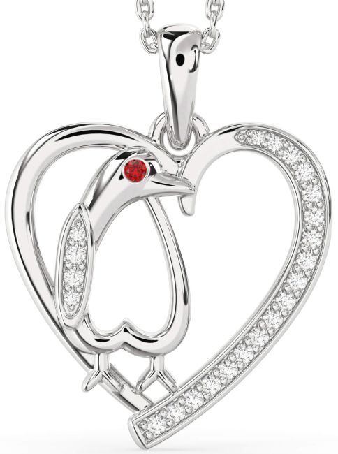 Diamond Ruby Silver Heart Penguin Necklace