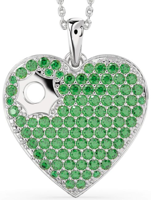 Large Emerald Silver Heart Necklace