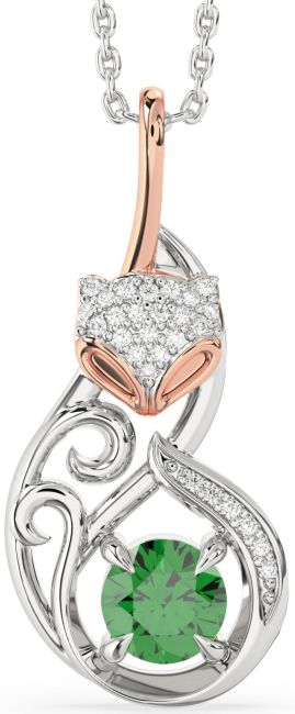 Large Diamond Emerald Platinum & Rose Gold Cat Necklace