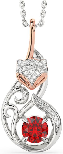 Large Diamond Ruby Rose Gold Silver Cat Necklace