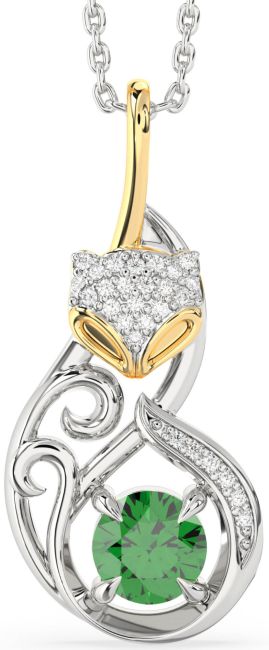 Large Diamond Emerald Gold Silver Cat Necklace