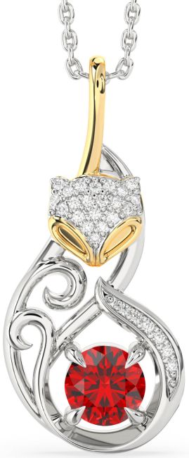 Large Diamond Ruby Gold Silver Cat Necklace