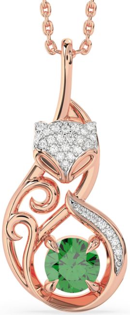 Large Diamond Emerald Rose Gold Cat Necklace