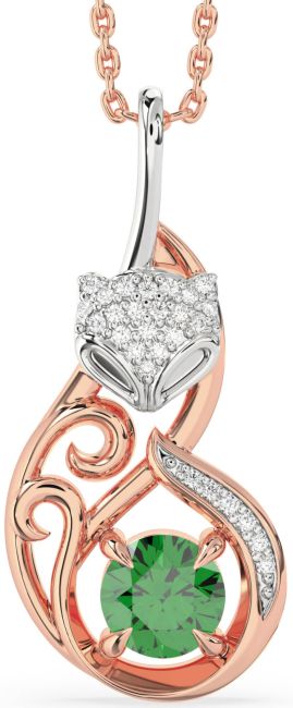 Large Diamond Emerald Rose Gold Silver Cat Necklace
