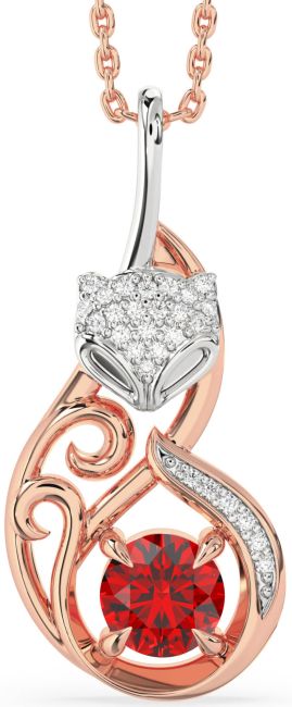Large Diamond Ruby Rose Gold Silver Cat Necklace