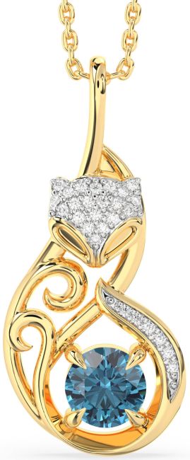 Large Blue Diamond Gold Silver Cat Necklace