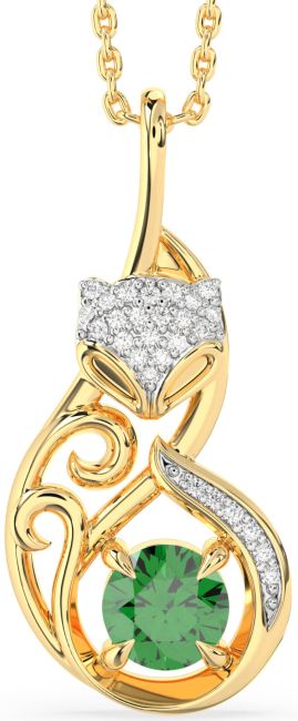 Large Diamond Emerald Gold Cat Necklace