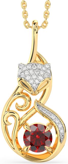 Large Diamond Garnet Gold Silver Cat Necklace