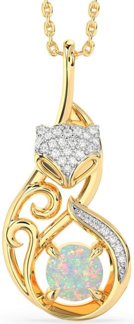 Large Diamond Opal Gold Silver Cat Necklace