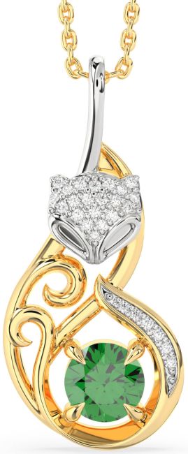 Large Diamond Emerald Gold Silver Cat Necklace
