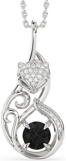 Large Black Diamond Silver Cat Necklace