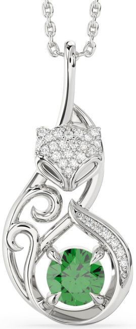 Large Diamond Emerald Silver Cat Necklace
