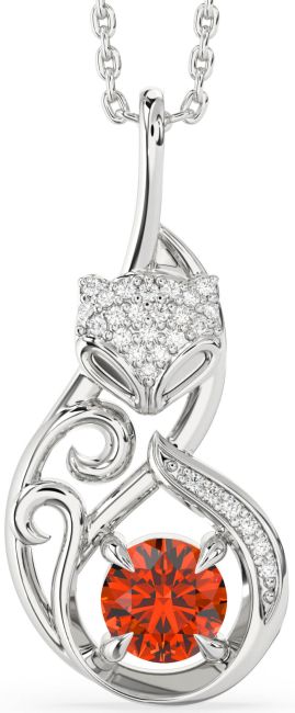 Large Diamond Fire Opal Silver Cat Necklace