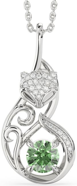 Large Green Diamond Silver Cat Necklace