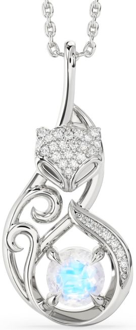 Large Diamond Moonstone Silver Cat Necklace