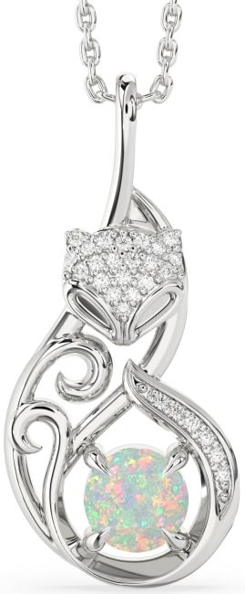 Large Diamond Opal Silver Cat Necklace