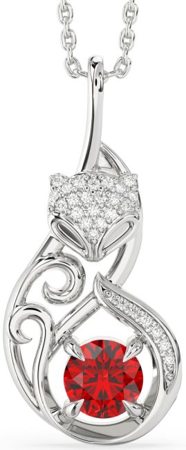Large Diamond Ruby Silver Cat Necklace