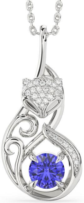 Large Diamond Tanzanite Silver Cat Necklace
