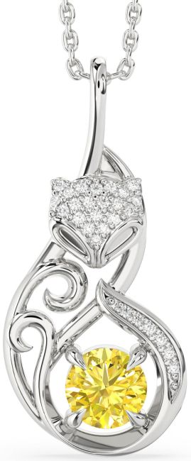 Large Yellow Diamond Silver Cat Necklace