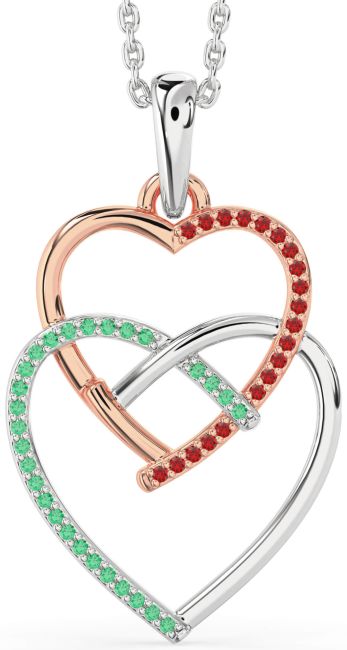 Emerald & Ruby Rose Gold Silver Heart Necklace