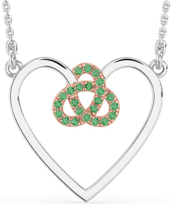 Large Emerald Platinum & Rose Gold Heart Trinity Knot Necklace