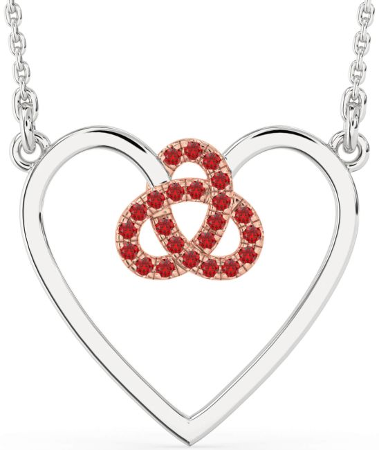 Large Ruby Platinum & Rose Gold Heart Trinity Knot Necklace
