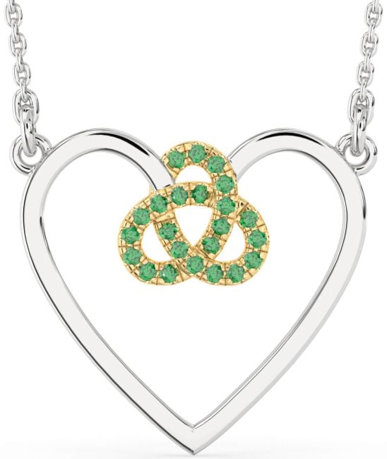 Large Emerald Gold Silver Heart Trinity Knot Necklace