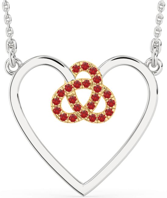Large Ruby Gold Silver Heart Trinity Knot Necklace