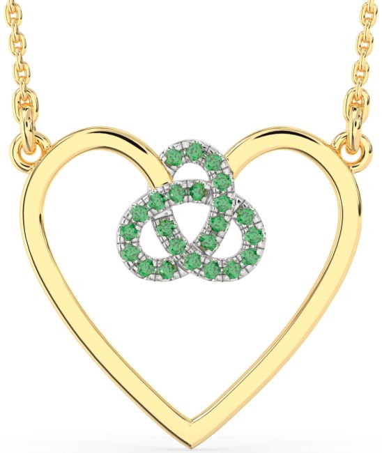 Large Emerald Gold Silver Heart Trinity Knot Necklace